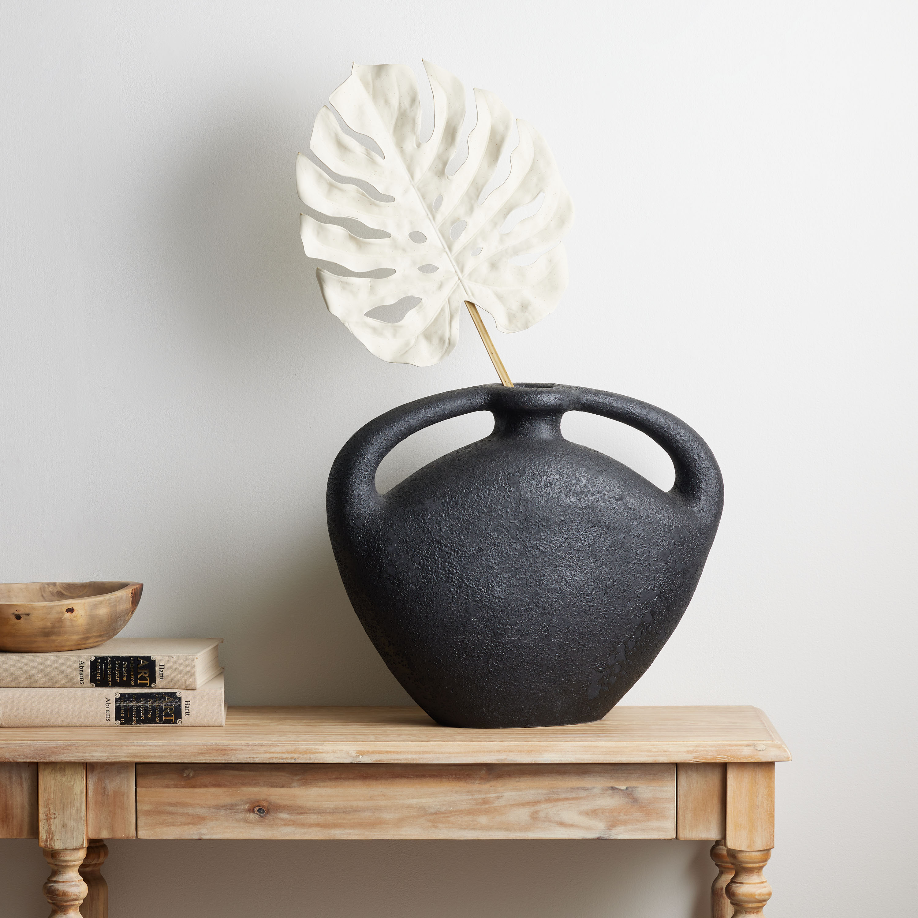 White Faux Monstera Stem with Black Terracotta Floor Vase - World