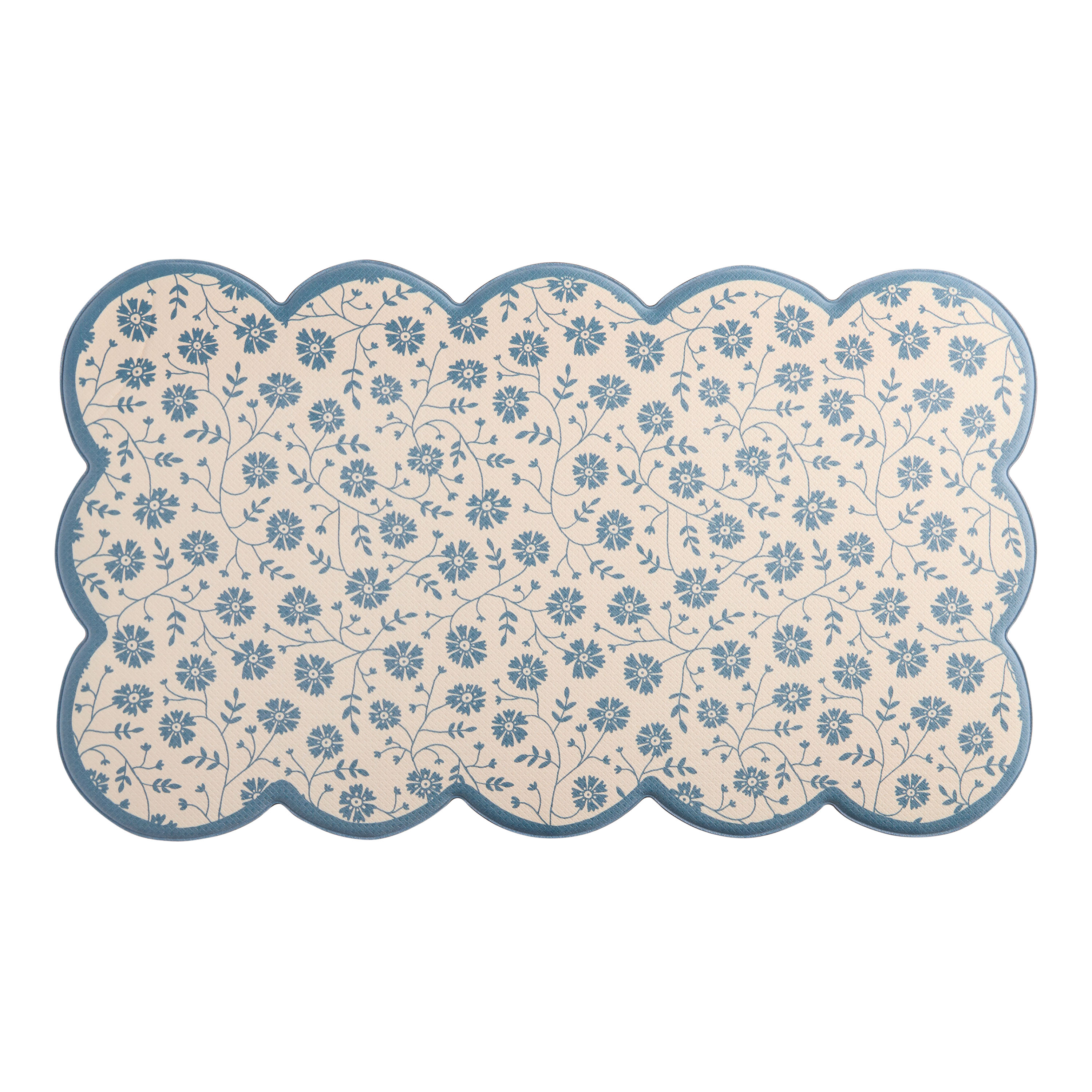 Blue and Ivory Floral Scalloped Nonslip Kitchen Floor Mat - World Market