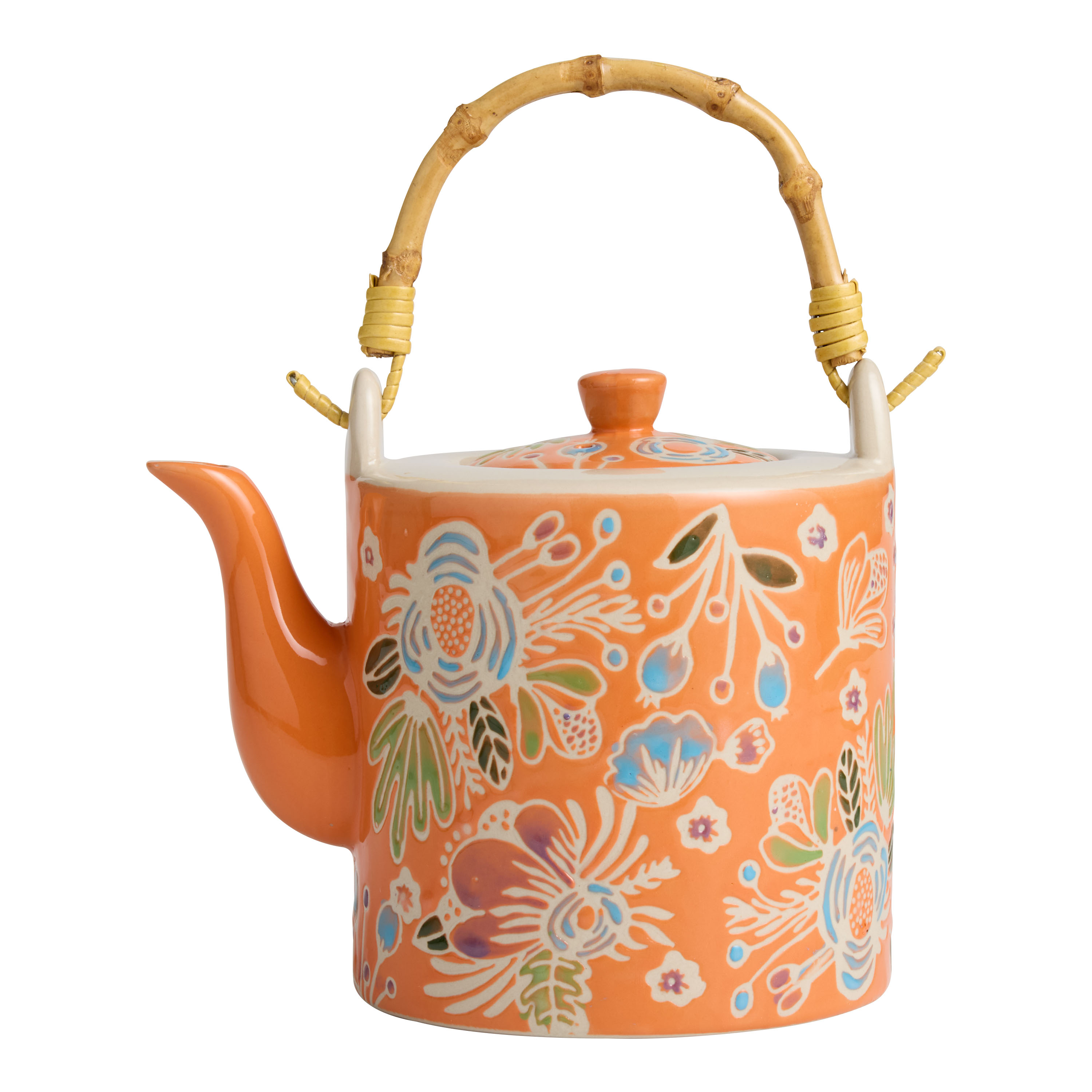 Coral Hand Painted Wax Resist Ceramic Floral Teapot - World Market