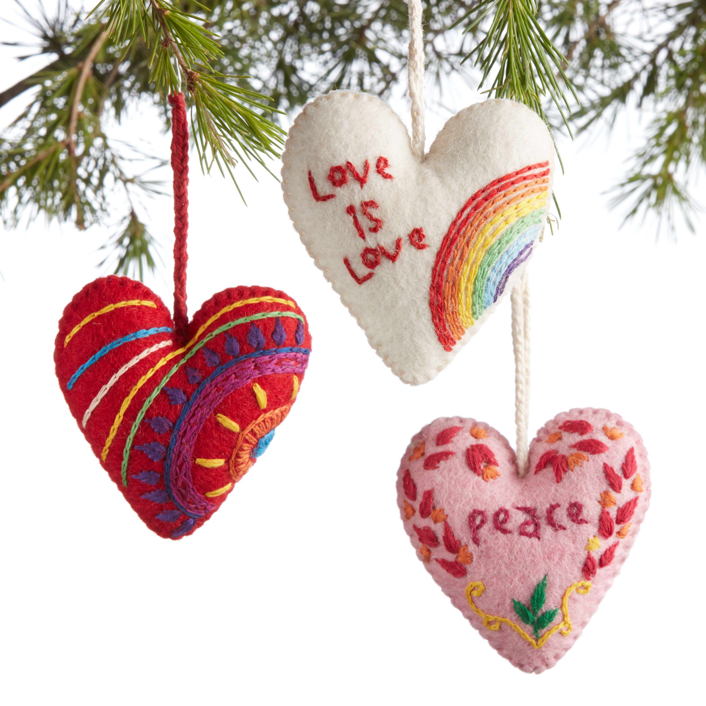 Valentine's Heart Ornament Trio, Embroidered Wool