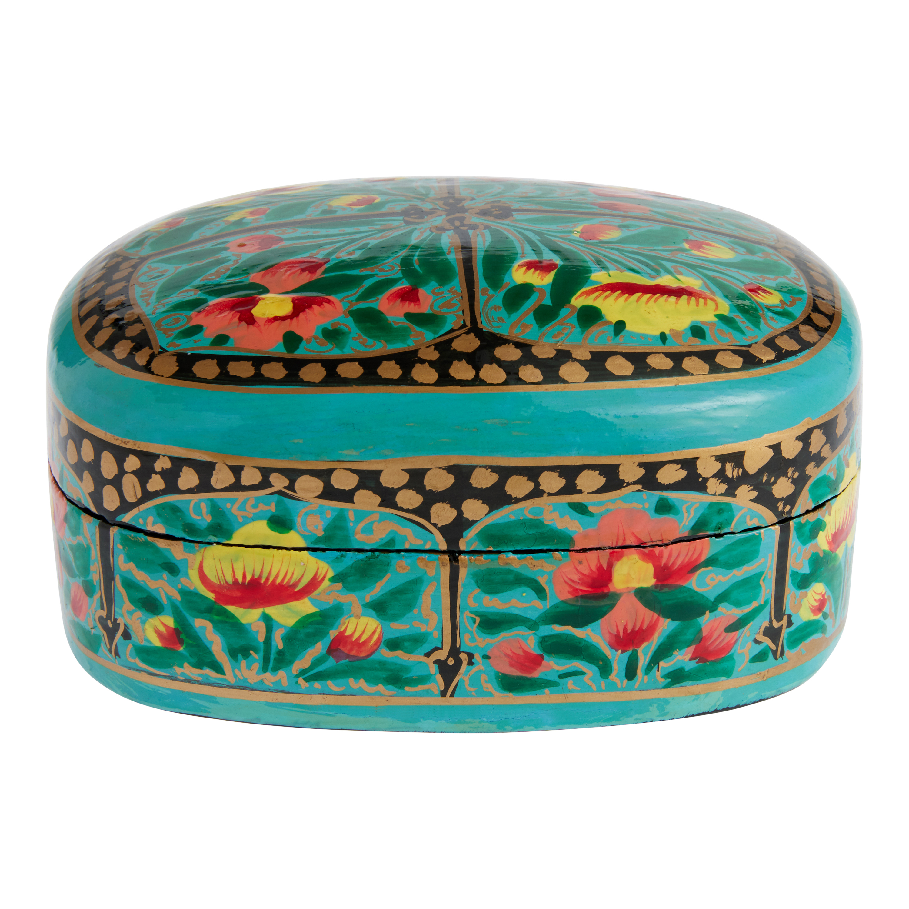 Blue and Gold Floral Paper Mache Jewelry and Trinket Box