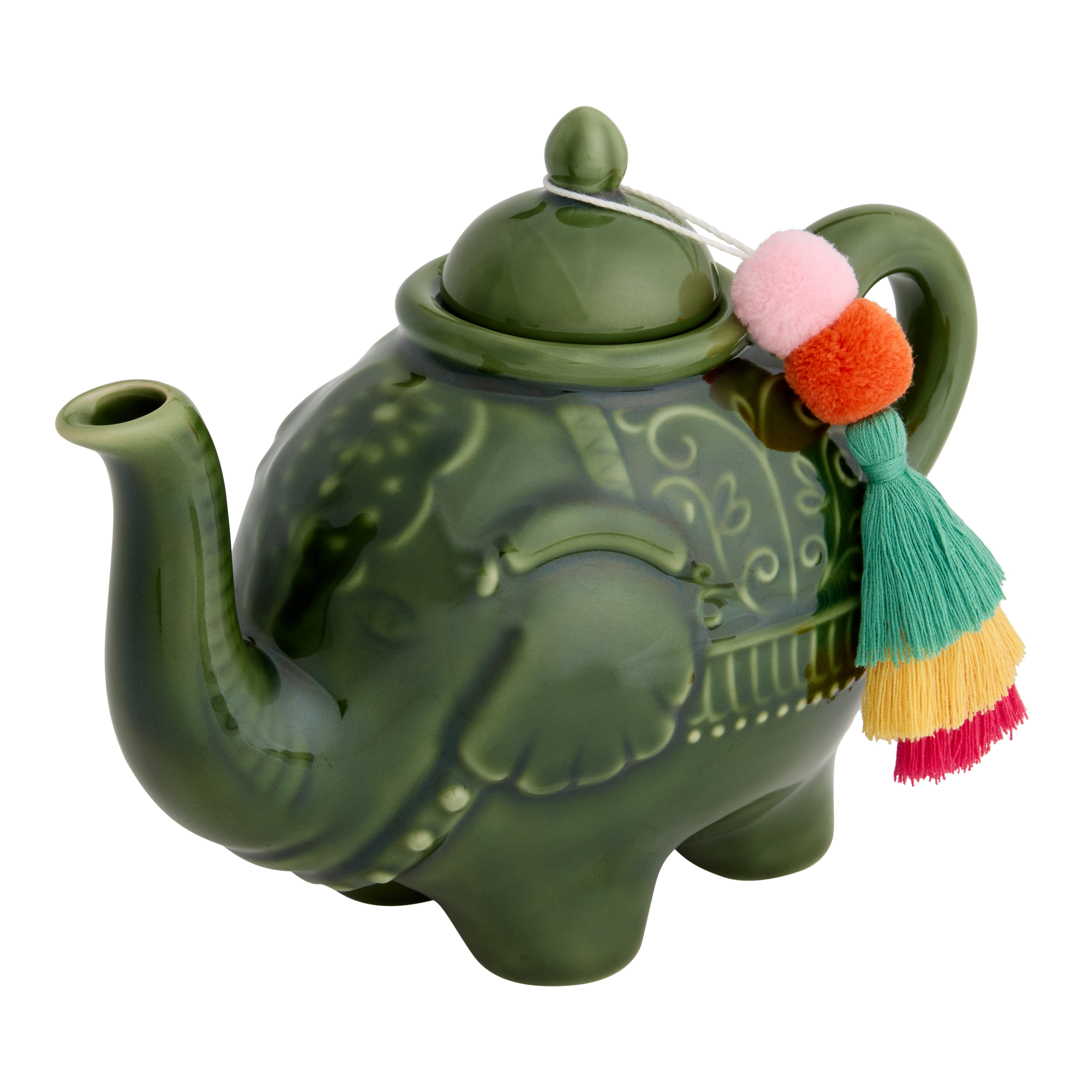 Green Ceramic Elephant Embossed Figural Teapot with Tassel - World