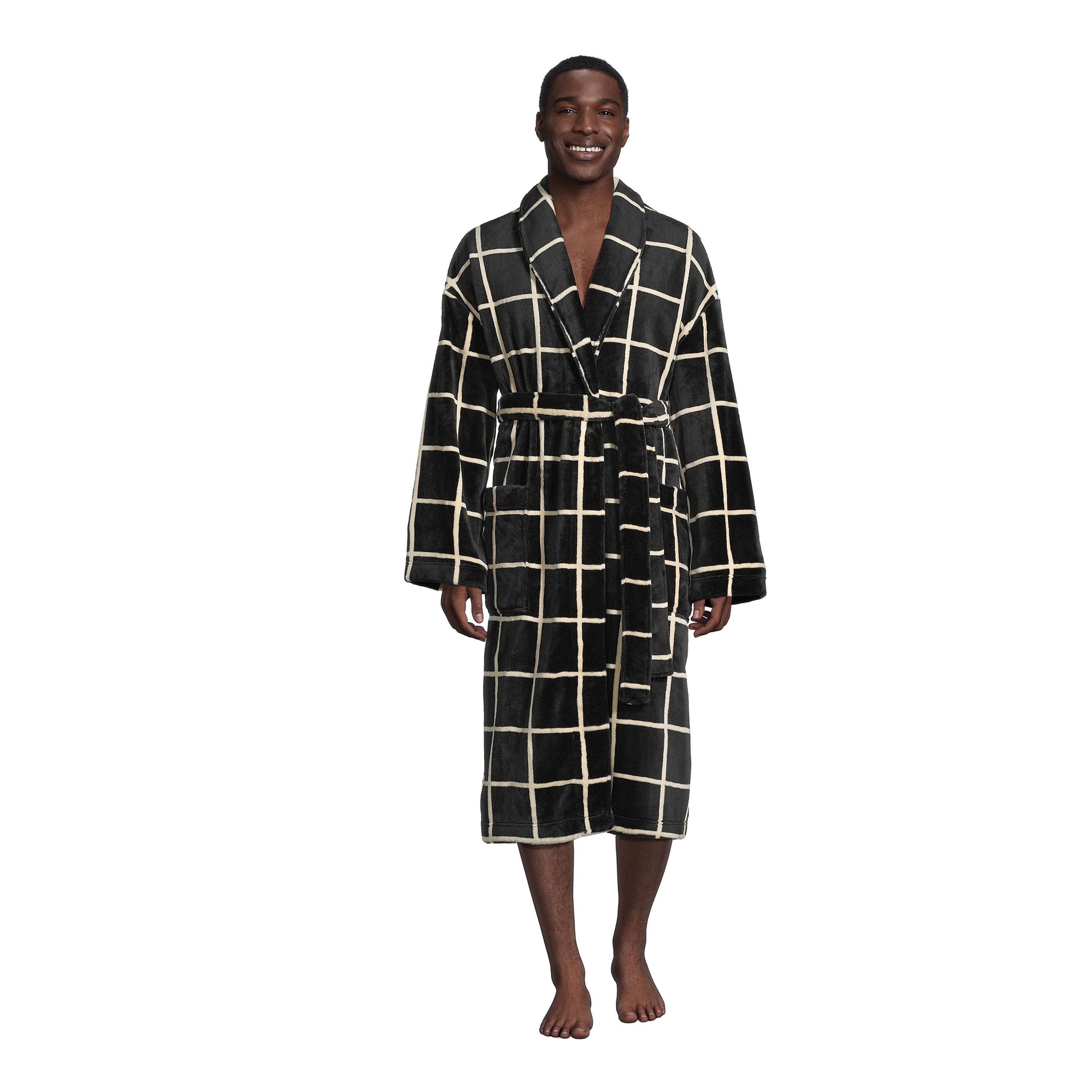 Black And White Windowpane Plaid Fleece Men's Robe - World Market