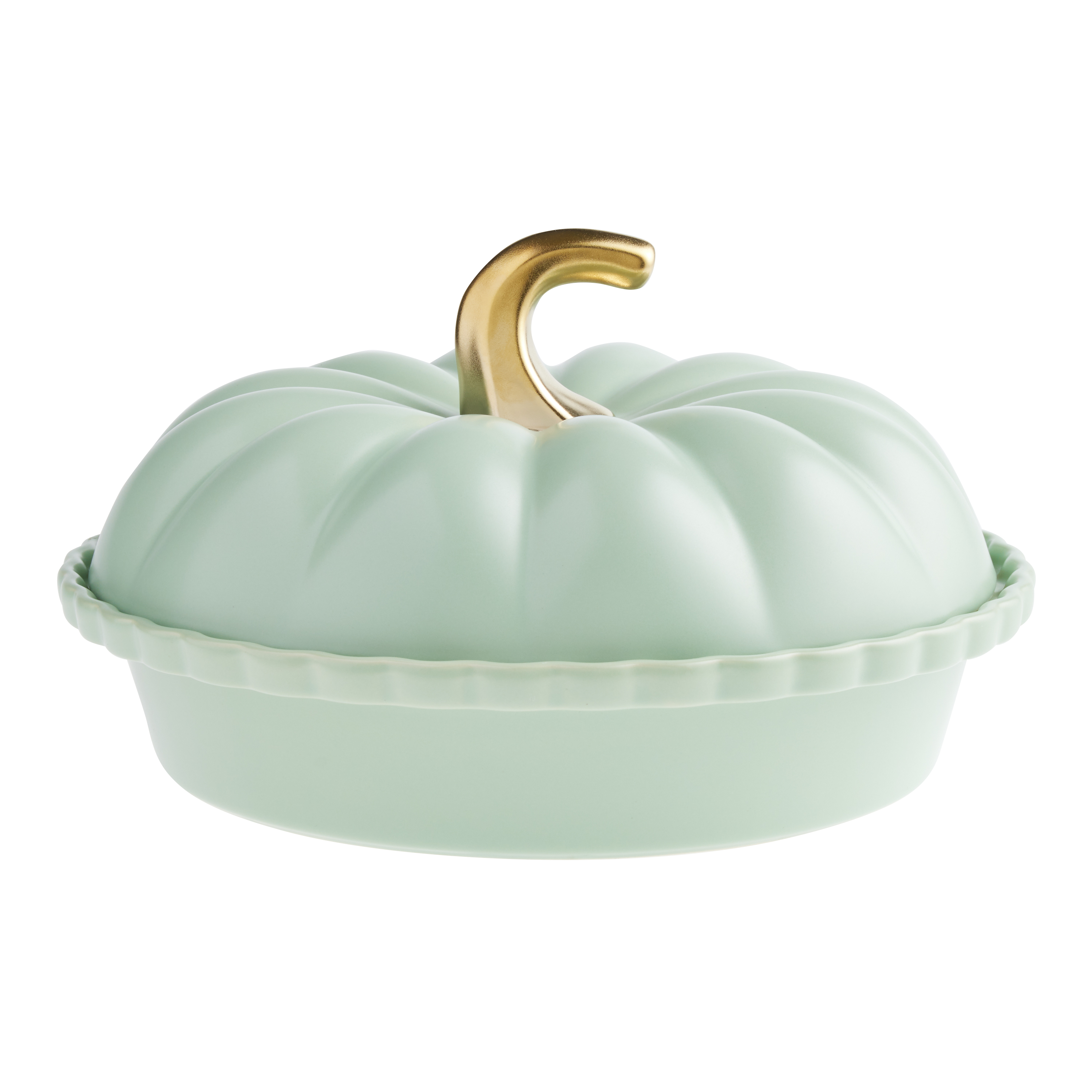 Sage Green Ceramic Pumpkin Shaped Deep Pie Dish with Lid World Market