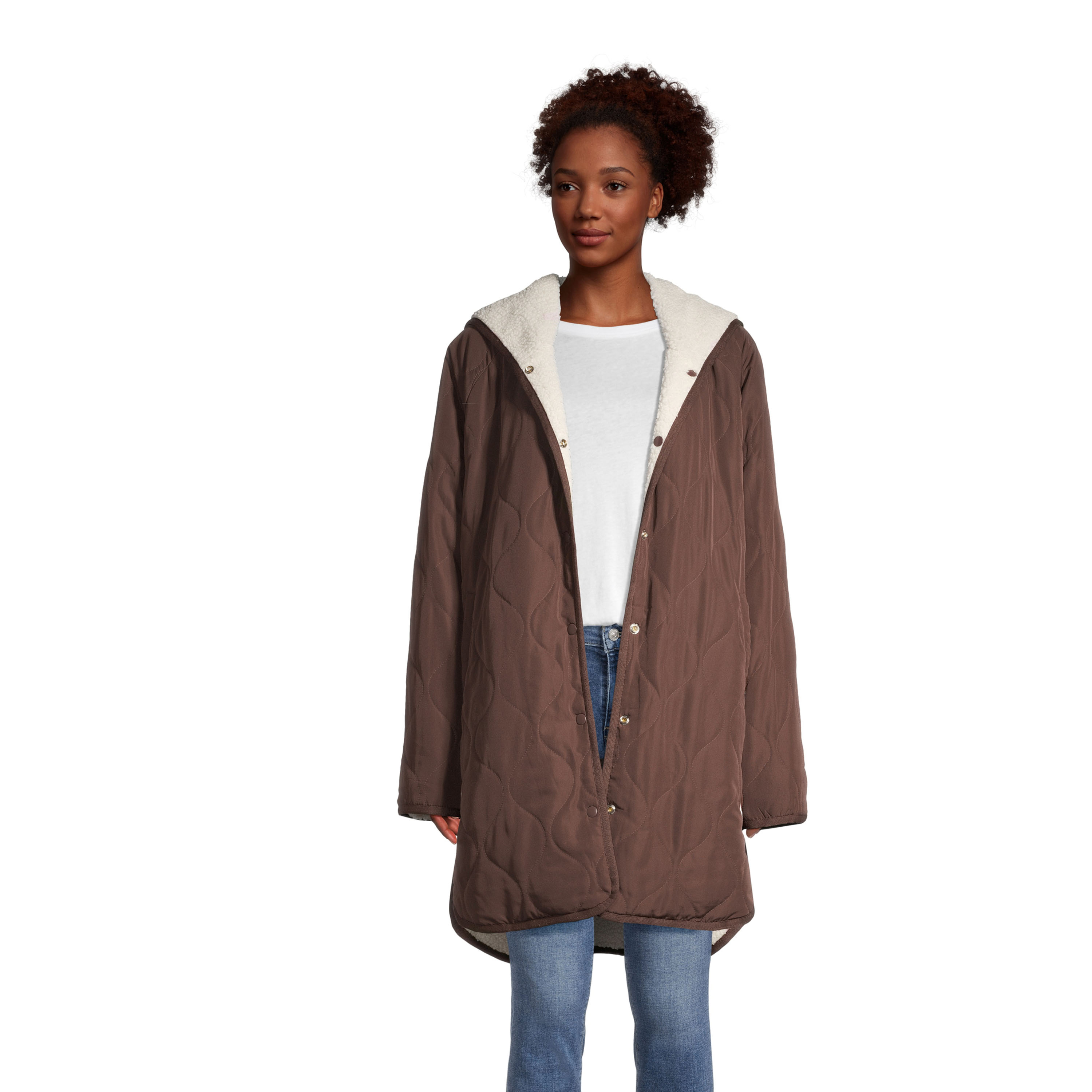 Brown and Ivory Sherpa Reversible Hooded Jacket with Pockets