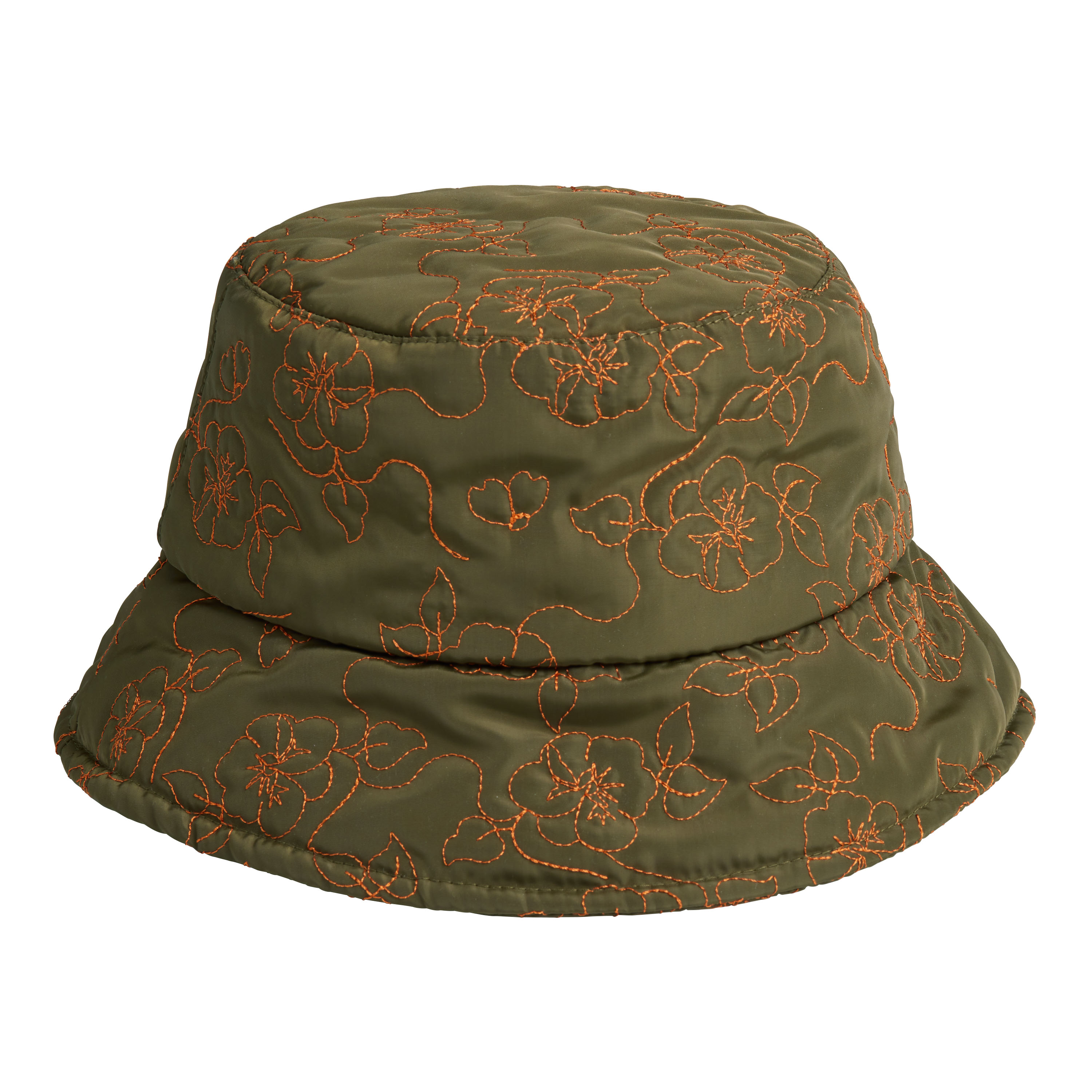 Olive Green and Orange Floral Embroidered Bucket Hat - World Market