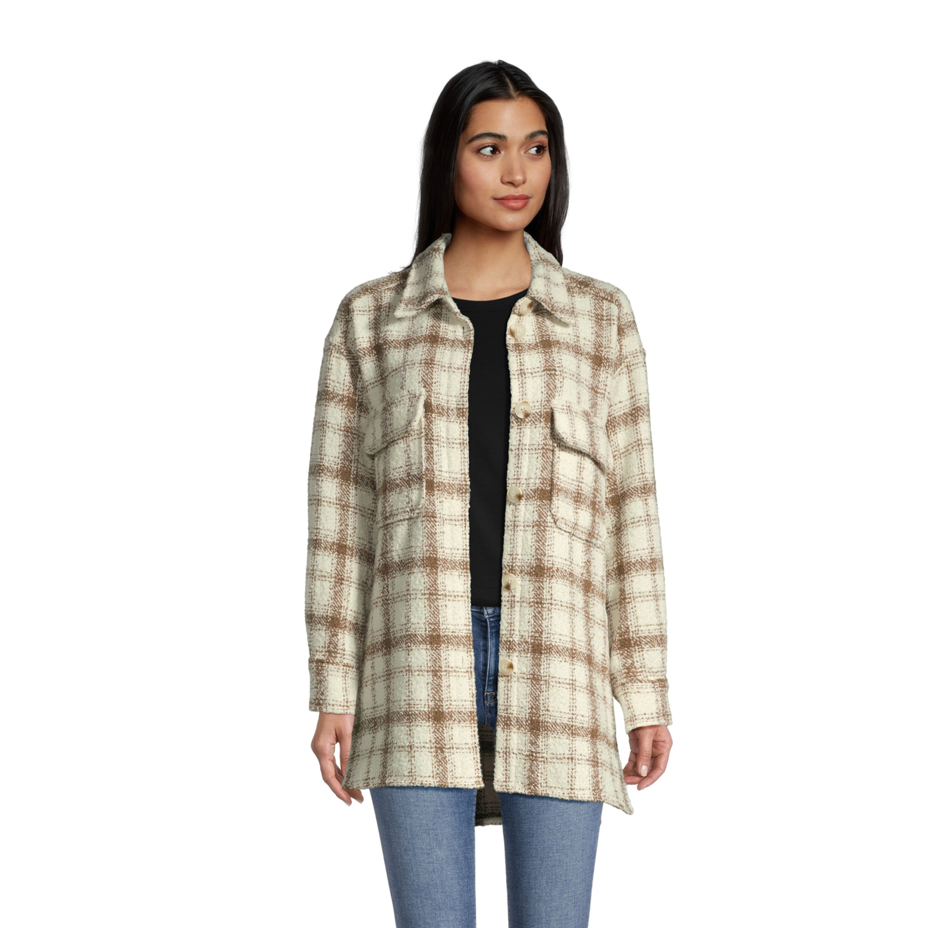 Ivory And Brown Plaid Boucle Shacket With Pockets - World Market