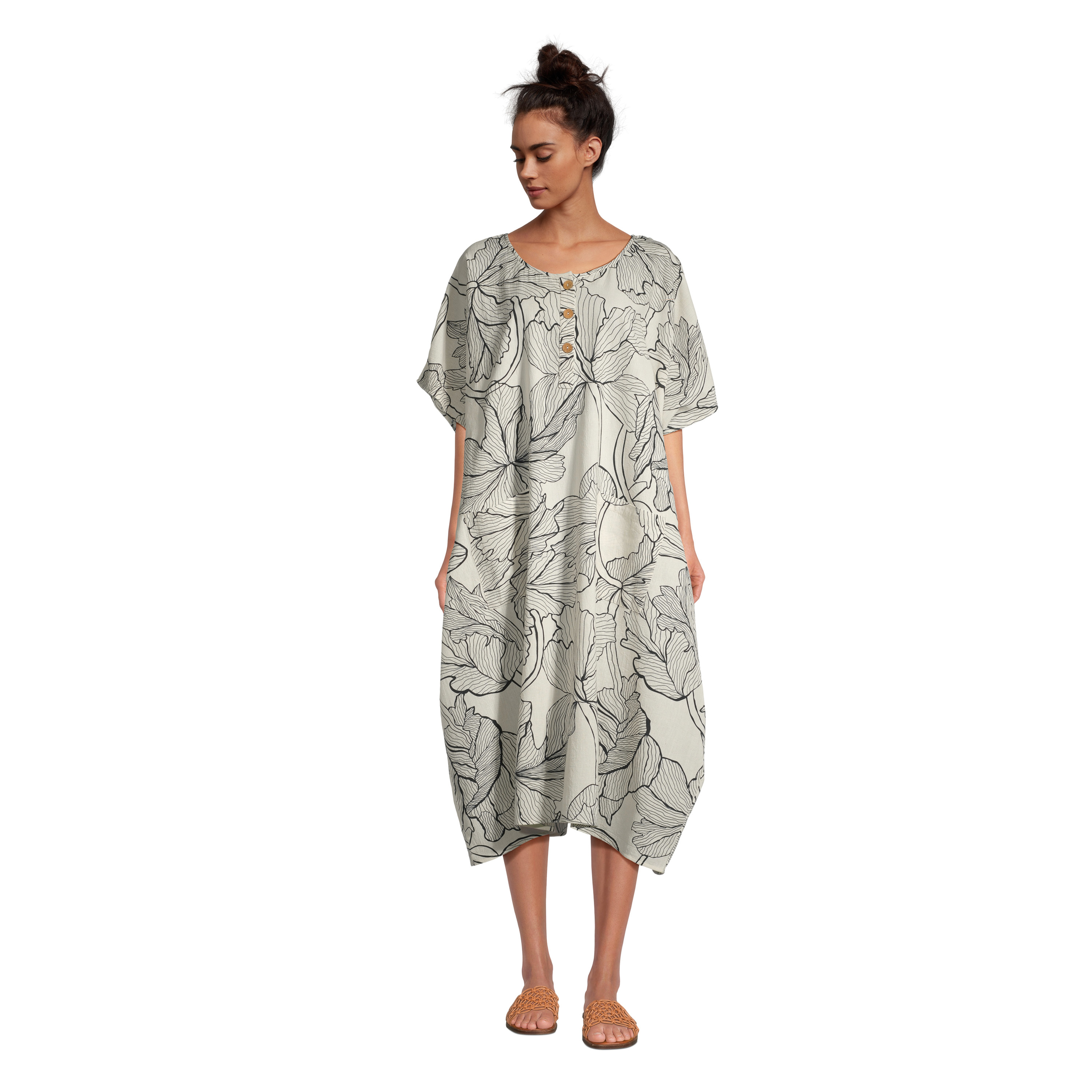 Ivory and Black Abstract Floral Khadi Kaftan with Pockets