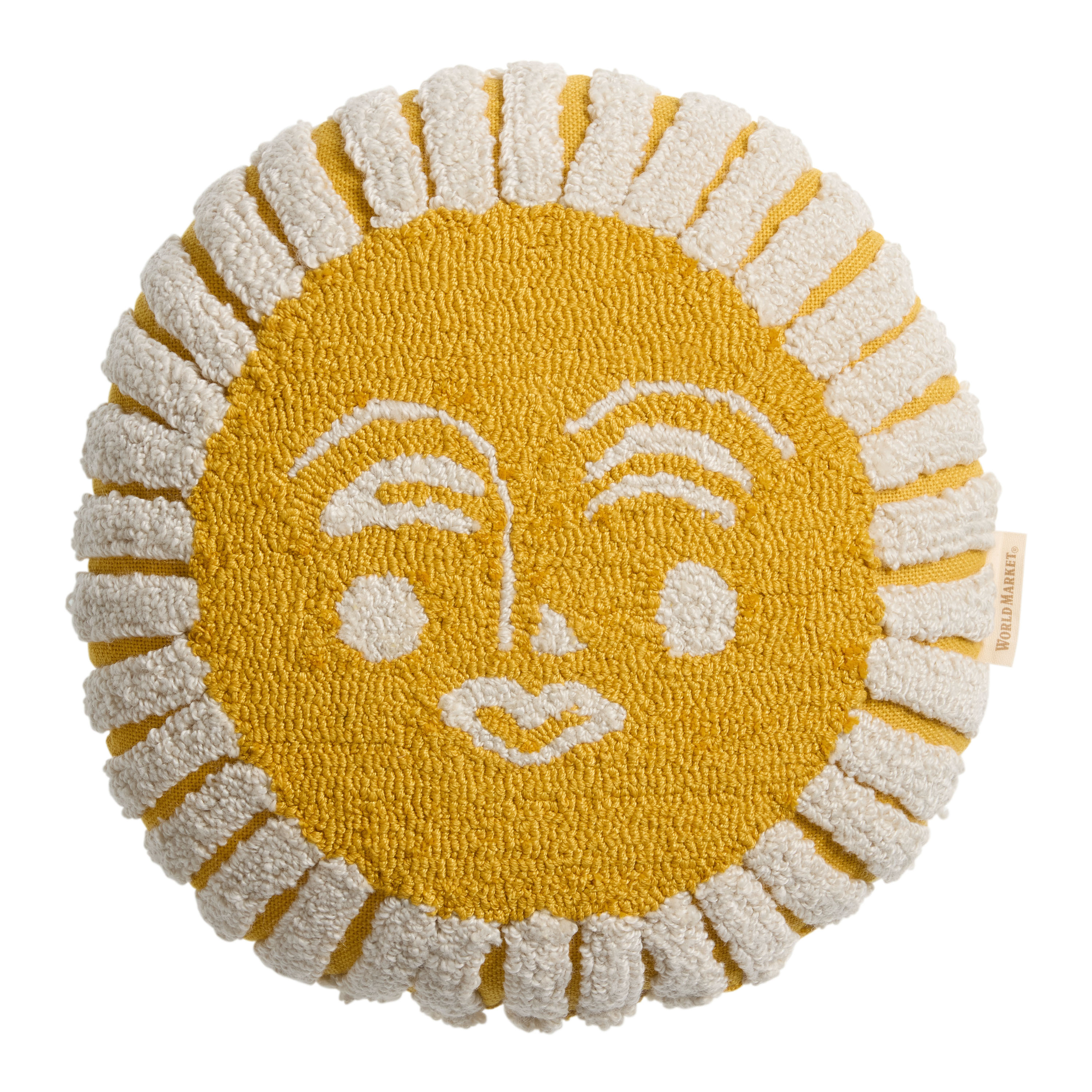 Round Yellow Tufted Sun Face Indoor Outdoor Throw Pillow - World Market