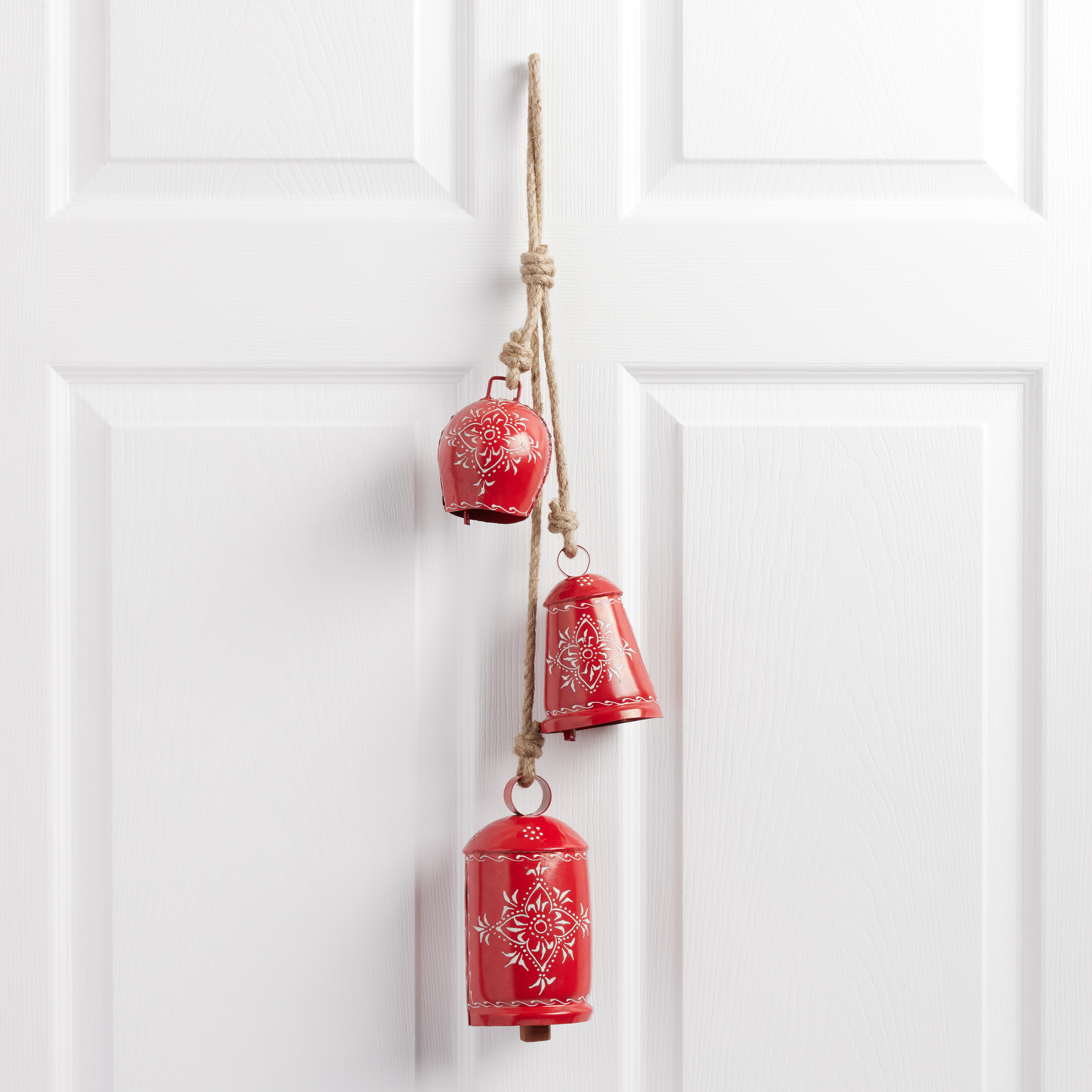 Large Red Metal Christmas Bells in Vintage Farmhouse Style, Set of