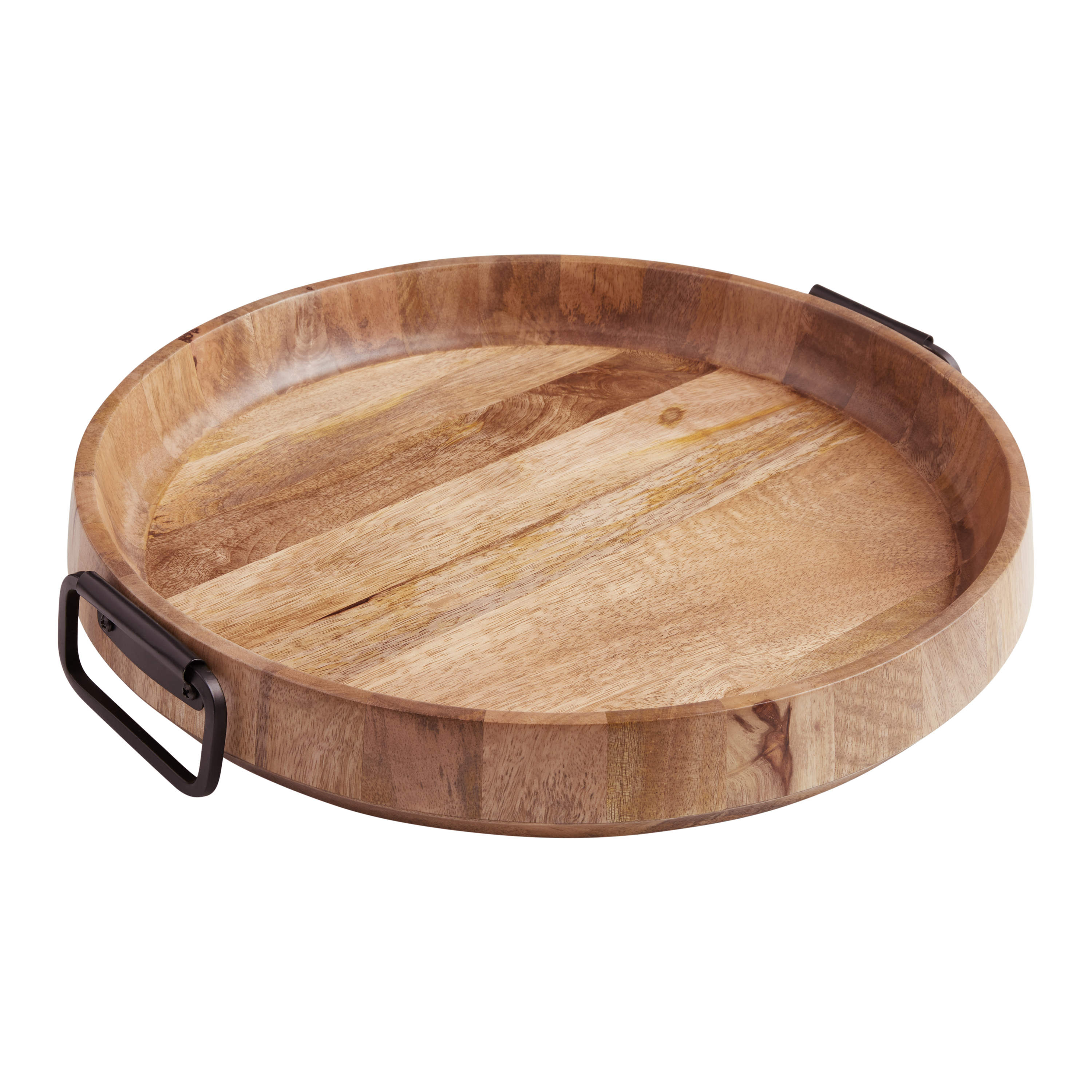 Round Light Mango Wood And Black Metal Modern Serving Tray - World Market