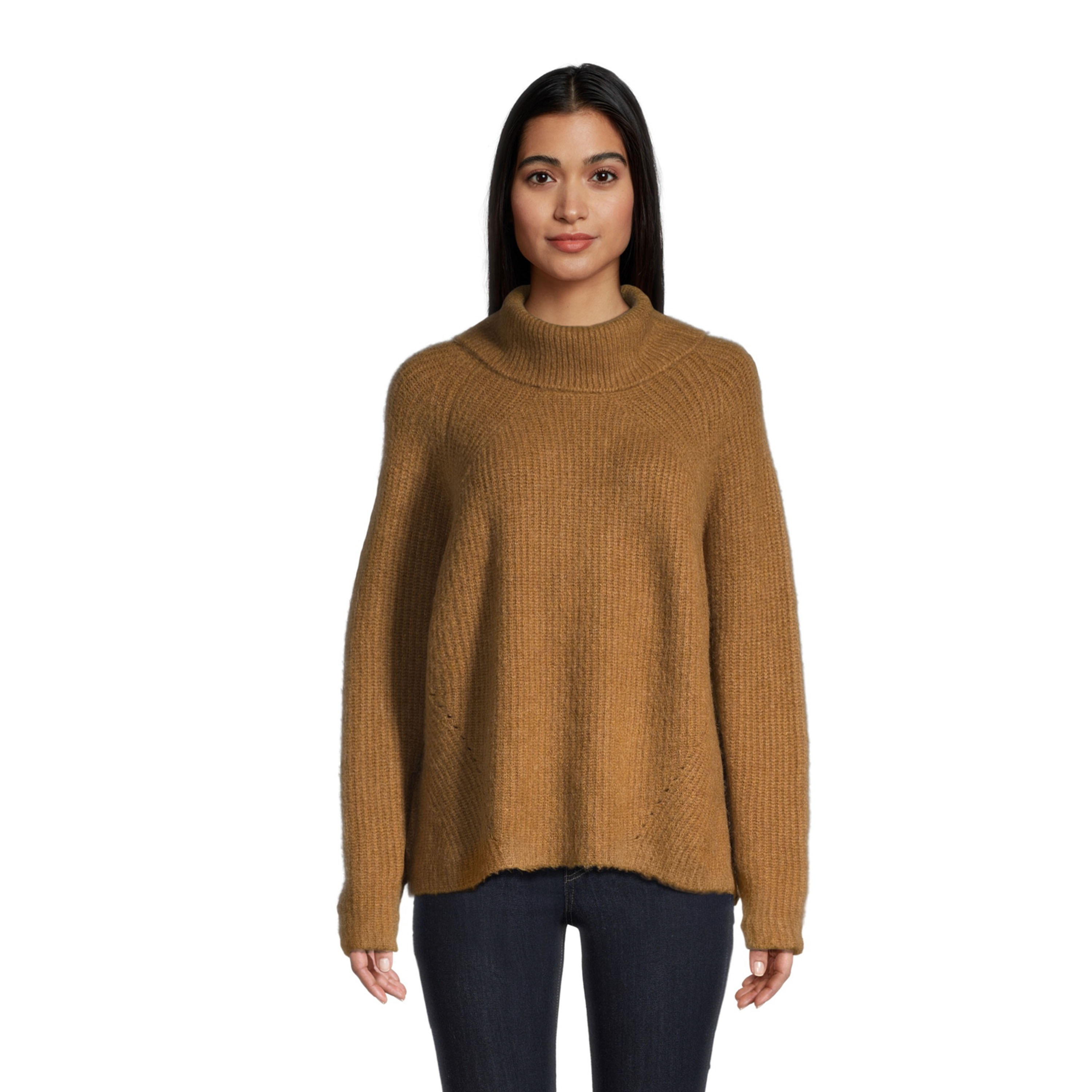 Tan Recycled Yarn Ribbed Knit Funnel Neck Sweater - World Market