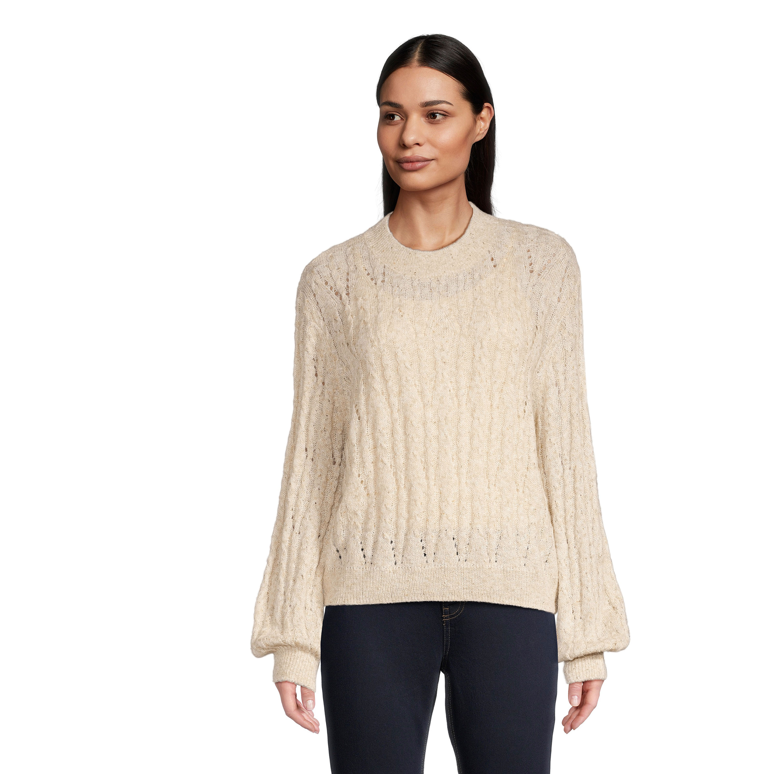 Ivory Cable Knit Speckled Open Stitch Sweater - World Market
